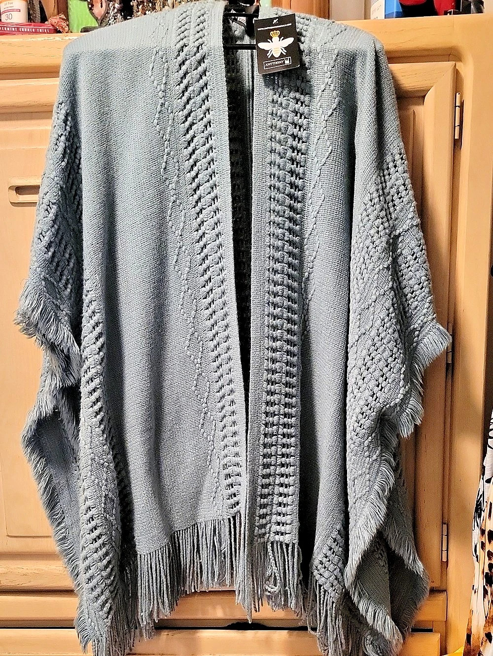 Anthony Originals Green Fringe Knit Poncho NWT